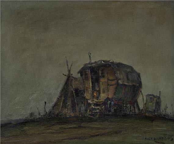 Piet LIPPENS (1890-1981), oil on canvas Gypsy caravans and tent, signed by Piet Lippens