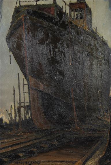 Piet LIPPENS (1890-1981), oil on canvas Boat in dry dock, signed