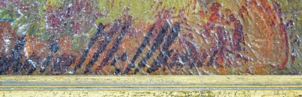 Artwork by James Goodwin McManus, Impressionistic purple medieval castle on a hill with yellow sky, Made of oil on board