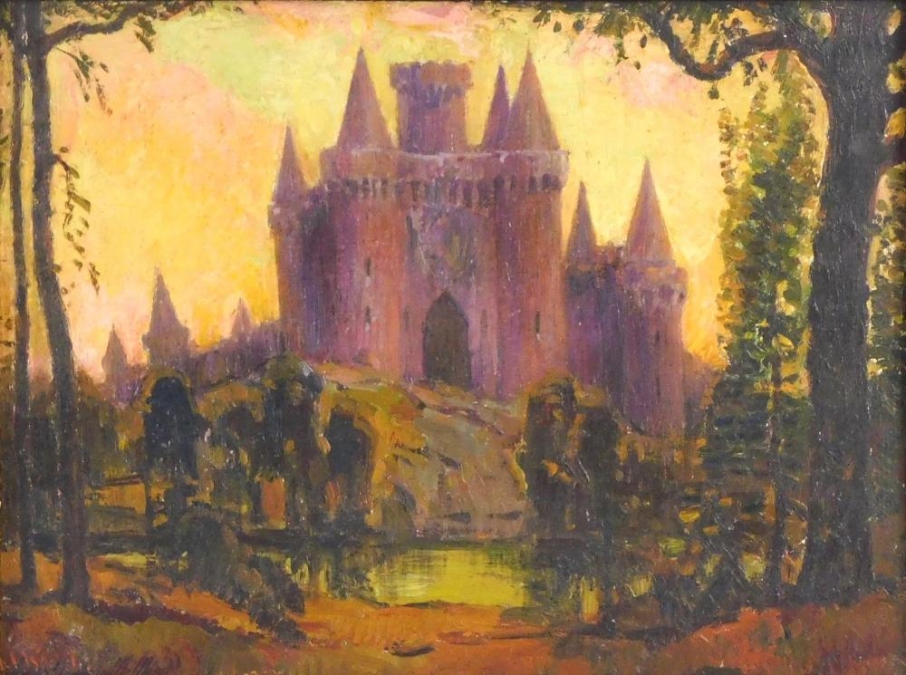 Artwork by James Goodwin McManus, Impressionistic purple medieval castle on a hill with yellow sky, Made of oil on board