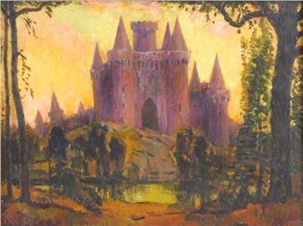 Impressionistic purple medieval castle on a hill with yellow sky - James Goodwin McManus