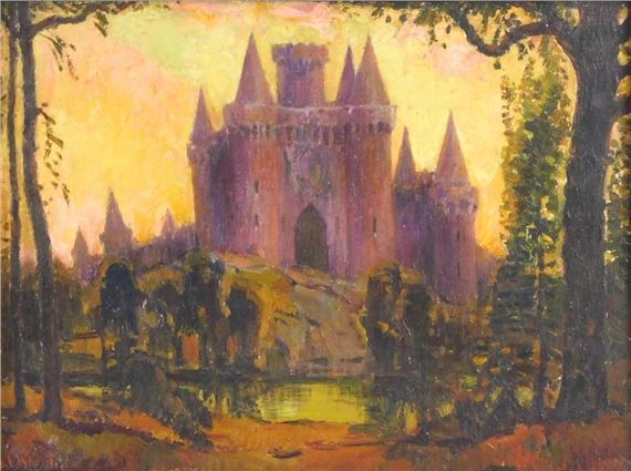 Impressionistic purple medieval castle on a hill with yellow sky by James Goodwin McManus