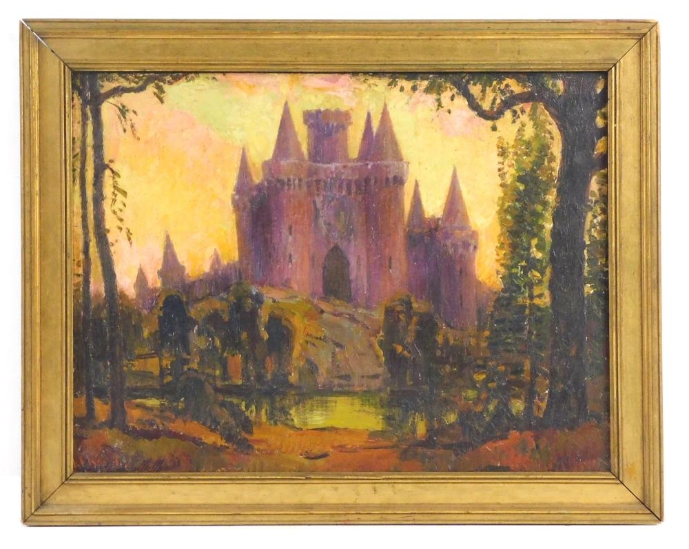 Artwork by James Goodwin McManus, Impressionistic purple medieval castle on a hill with yellow sky, Made of oil on board