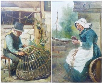 Man repairing cane, and a companion depicting a woman weaving - Henry Pitcher