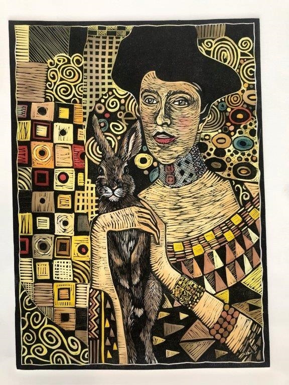 Artwork by Annemie Odendaal, MISPLACED BUNNIES KLIMT ELEGANCE, Made of hand coloured linocut