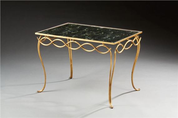 René DROUET (attributed to) Gilded metal coffee table with rectangular eglomised mirror top with ornamented belt of interlaced scrolls and small spheres by Rene Drouet