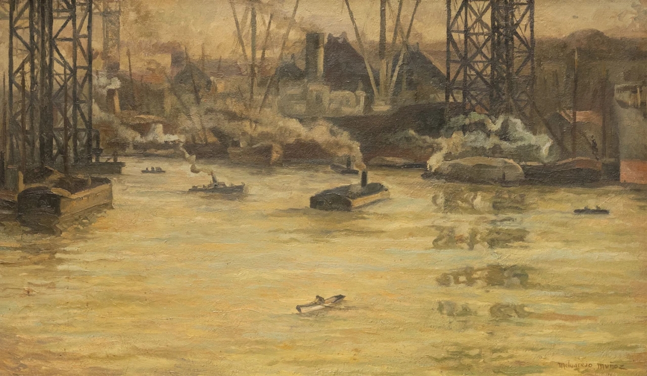 Artwork by Waldimiro Melgarejo Muñoz, "Barcas en el puerto"., Made of oil on cardboard