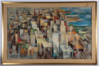 signed lower left; Cubist style design of city; normal wear; framed 26" x 42" - Betty Wells