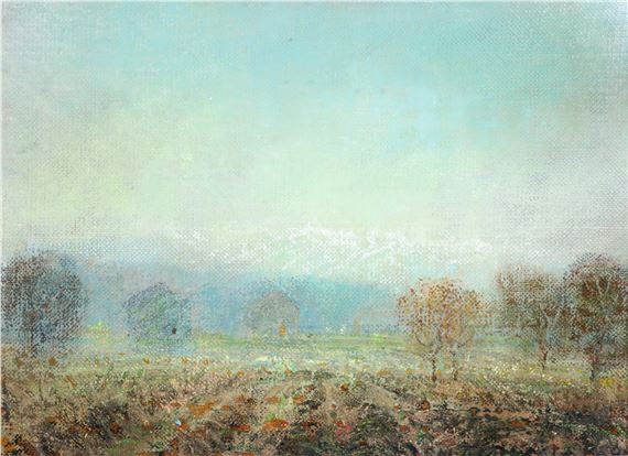 (Innsbruck 1920-2001) Acker im November, signiert unten rechts: SN. Amerstorfer, Öl auf Leinwand, Bildausschnitt ca. 18 x 24,5 cm, fixiert auf Passepartout by Siegfried Amerstorfer