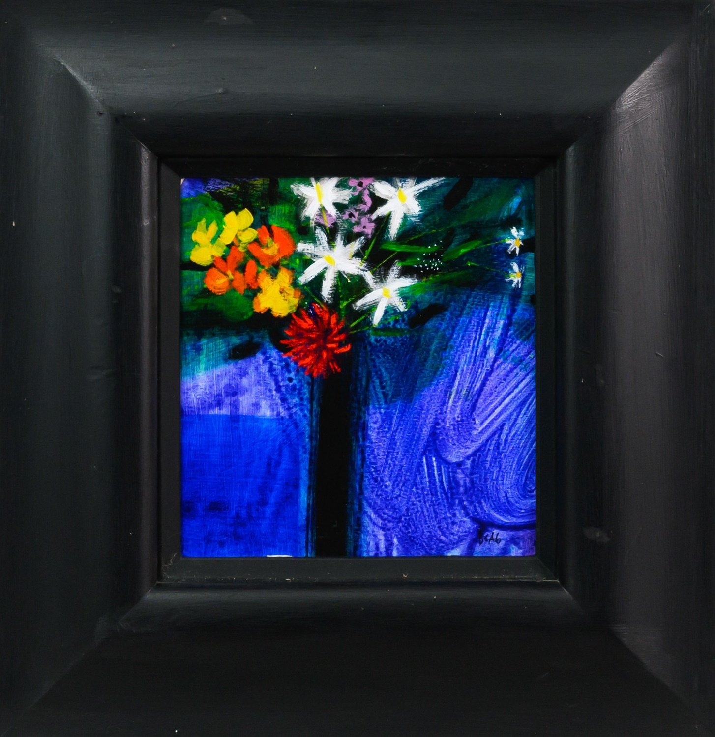 Artwork by Francis Boag, MIXED FLOWERS IN BLACK VASE, Made of mixed media on board