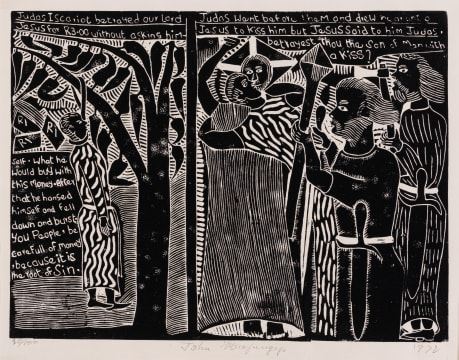 Judas Iscariot Betrayed our Lord Jesus for R3.00 by John Ndevasia Muafangejo, dated 1972