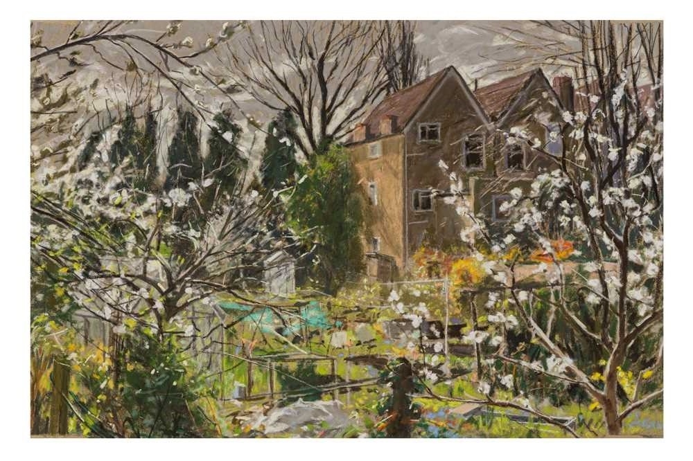 Artwork by Patrick Cullen, 
Allotment Spring Blossom North London
signed 'P.Cullen' (verso)

, Made of pastel