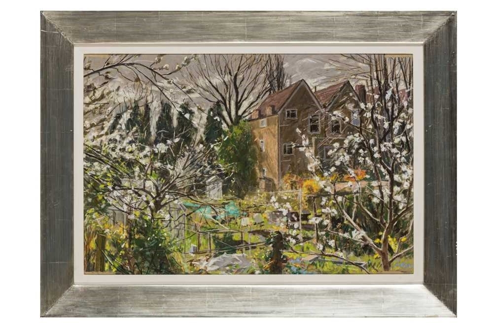 Artwork by Patrick Cullen, 
Allotment Spring Blossom North London
signed 'P.Cullen' (verso)

, Made of pastel