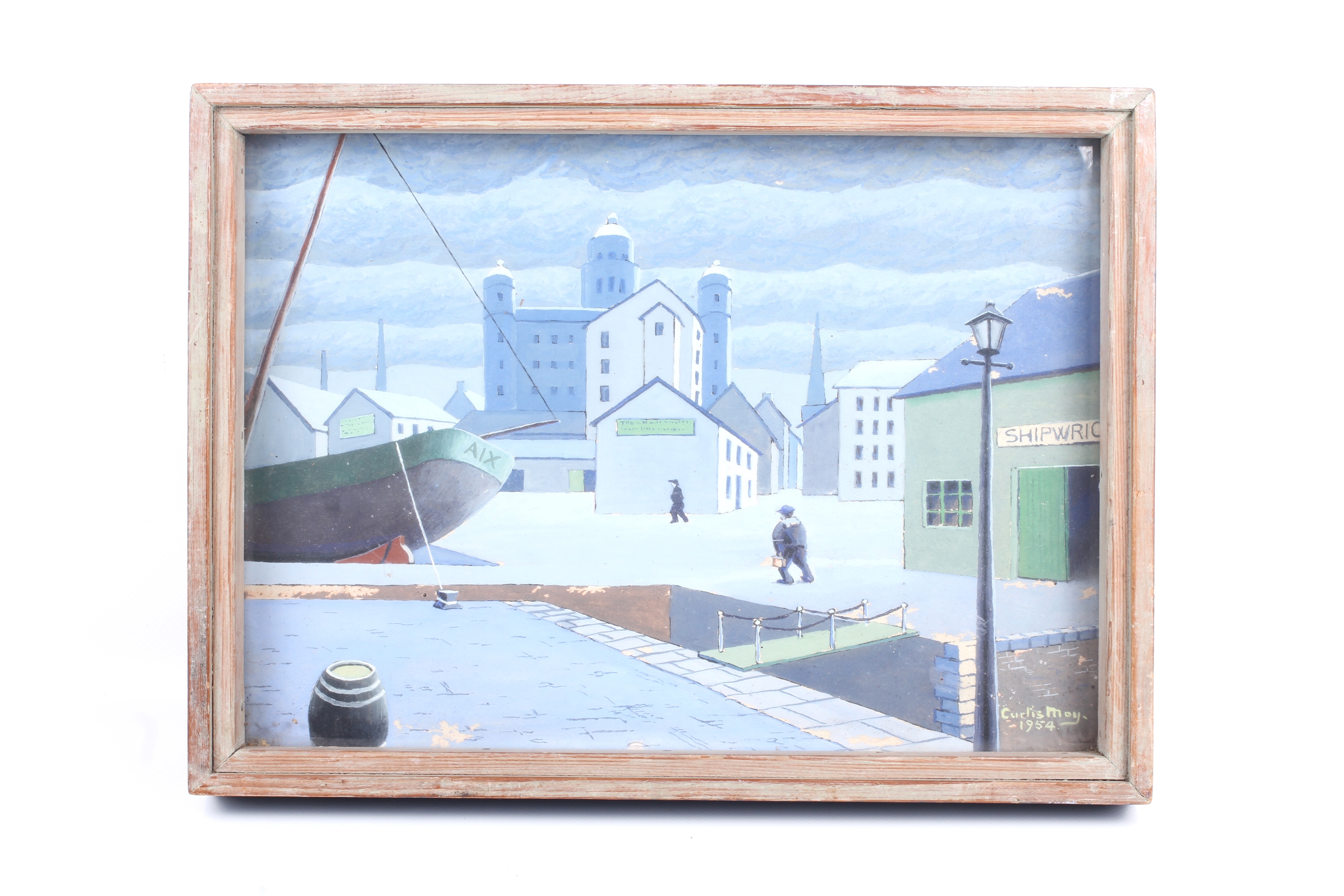 Artwork by Frederick Newton Curtis Moy, 'Dockside 1954'., Made of gouache on board