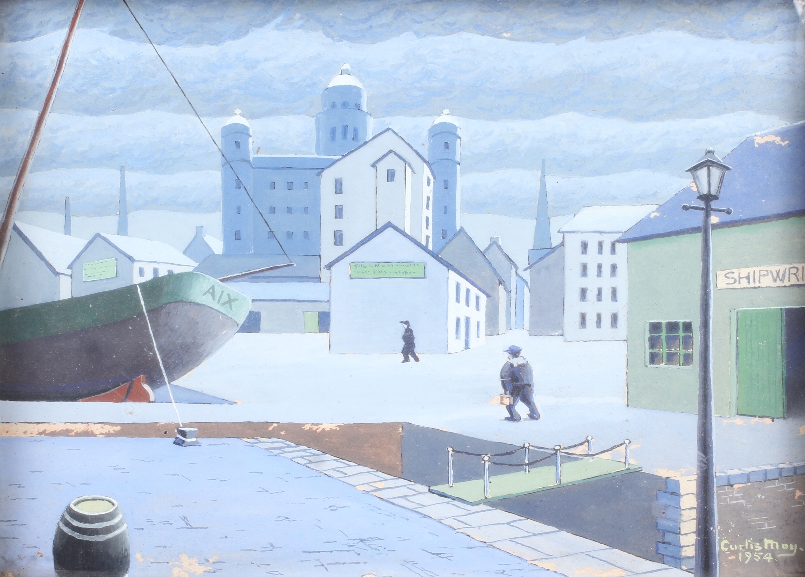 Artwork by Frederick Newton Curtis Moy, 'Dockside 1954'., Made of gouache on board