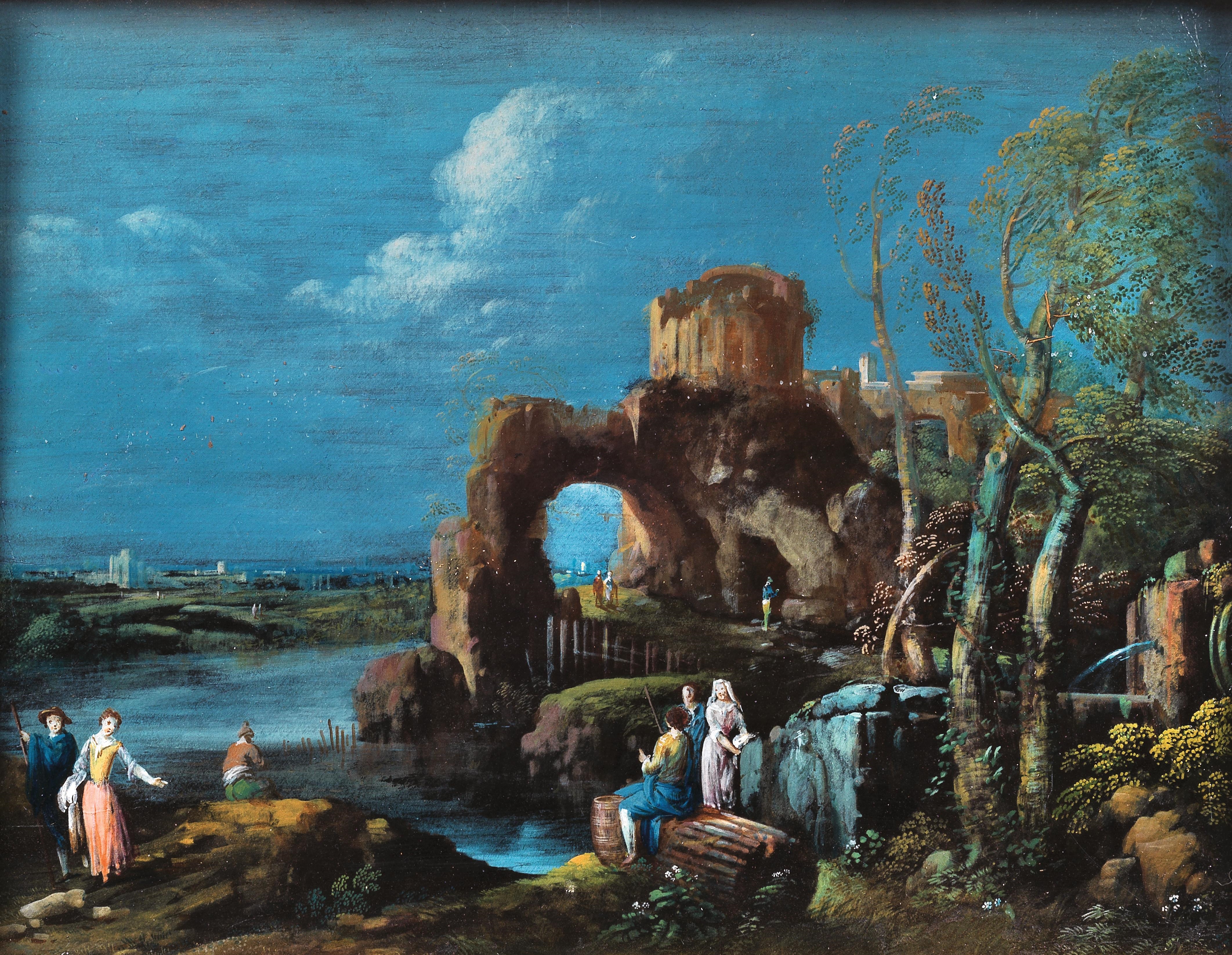 Artwork by Maria Luisa Raggi, Figures in a river landscape with ruins, Made of oil and tempera on card laid down on board