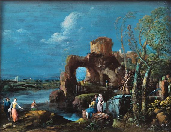 Figures in a river landscape with ruins - Maria Luisa Raggi