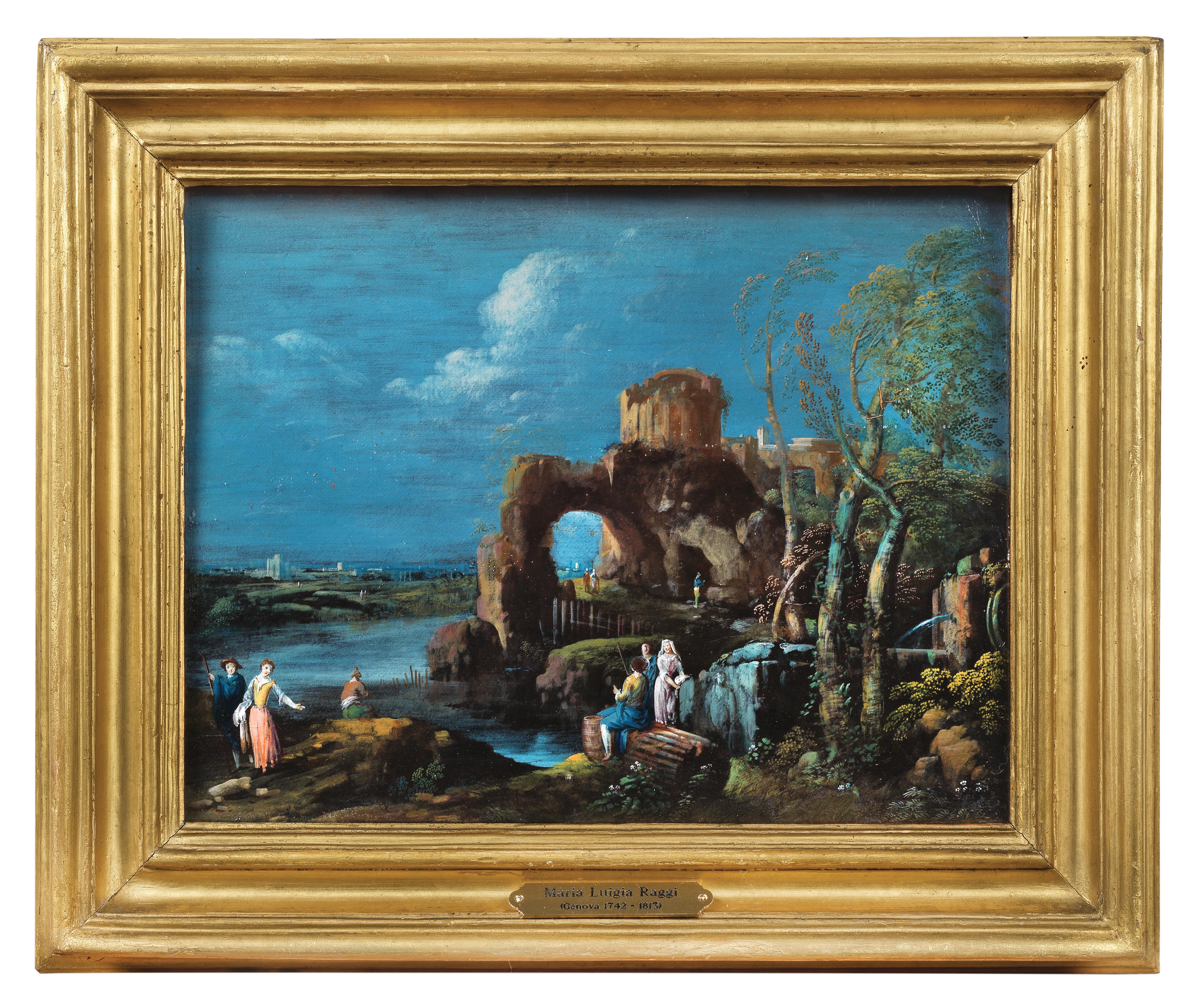 Artwork by Maria Luisa Raggi, Figures in a river landscape with ruins, Made of oil and tempera on card laid down on board