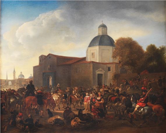 Popular celebration with men playing bagpipes on horseback, dogs, and donkeys at the entrance of the city by Hendrick Verschuring, 1672