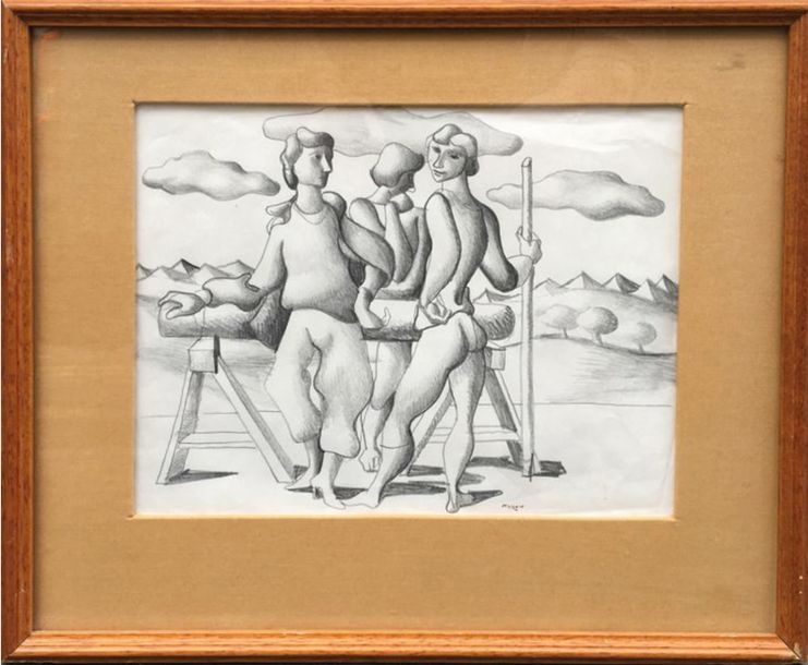 Artwork by Michel Néron, Three men in front of the Apenins, 1968, Made of toile