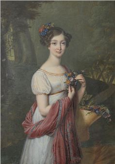 Portrait einer Dame weissem Kleid mit Blumenbouquets in den Haaren und in den Händen - Françoise J. Lenoir Rouillard