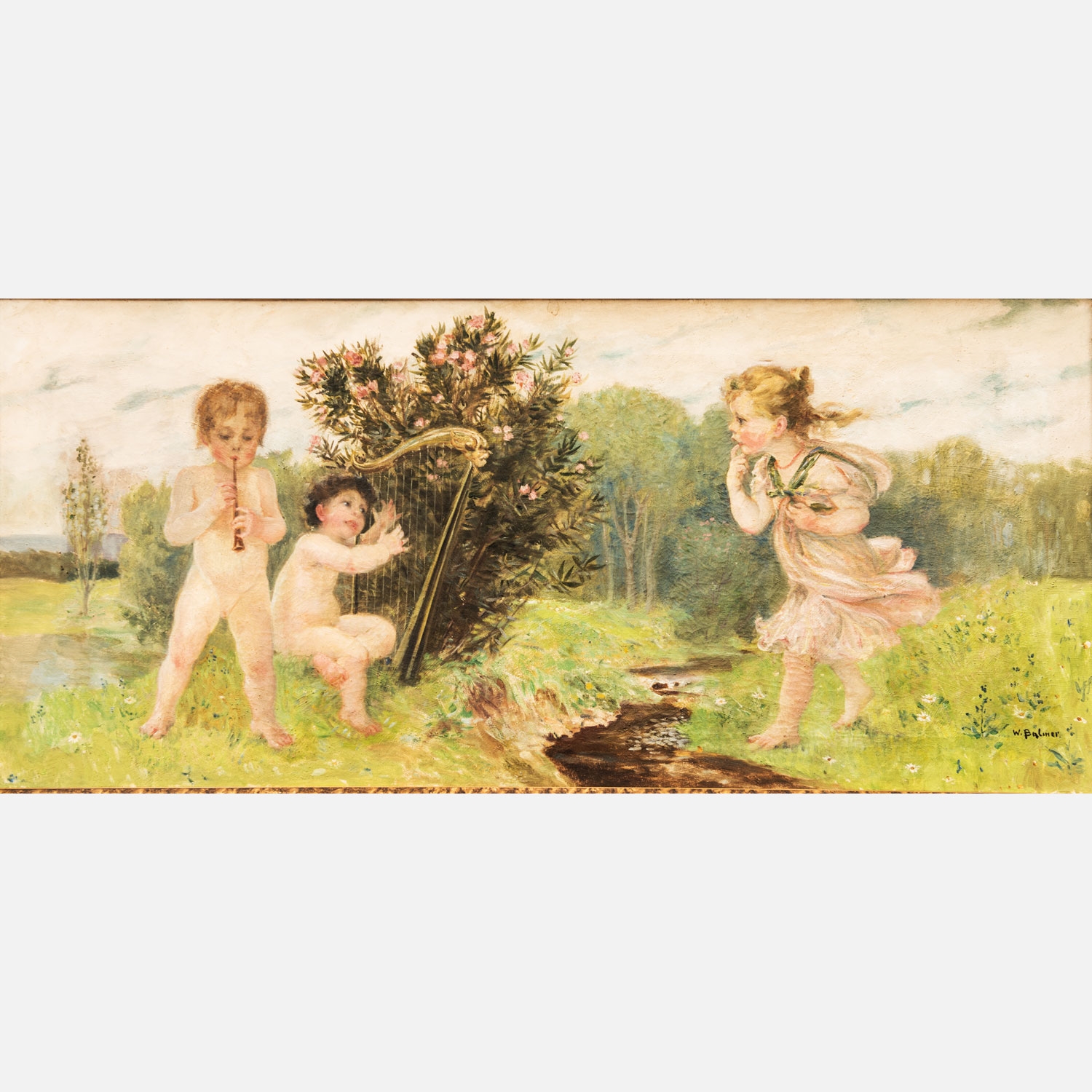 Artwork by Paul Friedrich Wilhelm Balmer, children making music in landscape, Made of oil on canvas