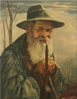 "Schäfer", Bildnis eines älteren Mannes rauchend, vor Landschaftskulisse, unten links sign. - Paul Beuttner