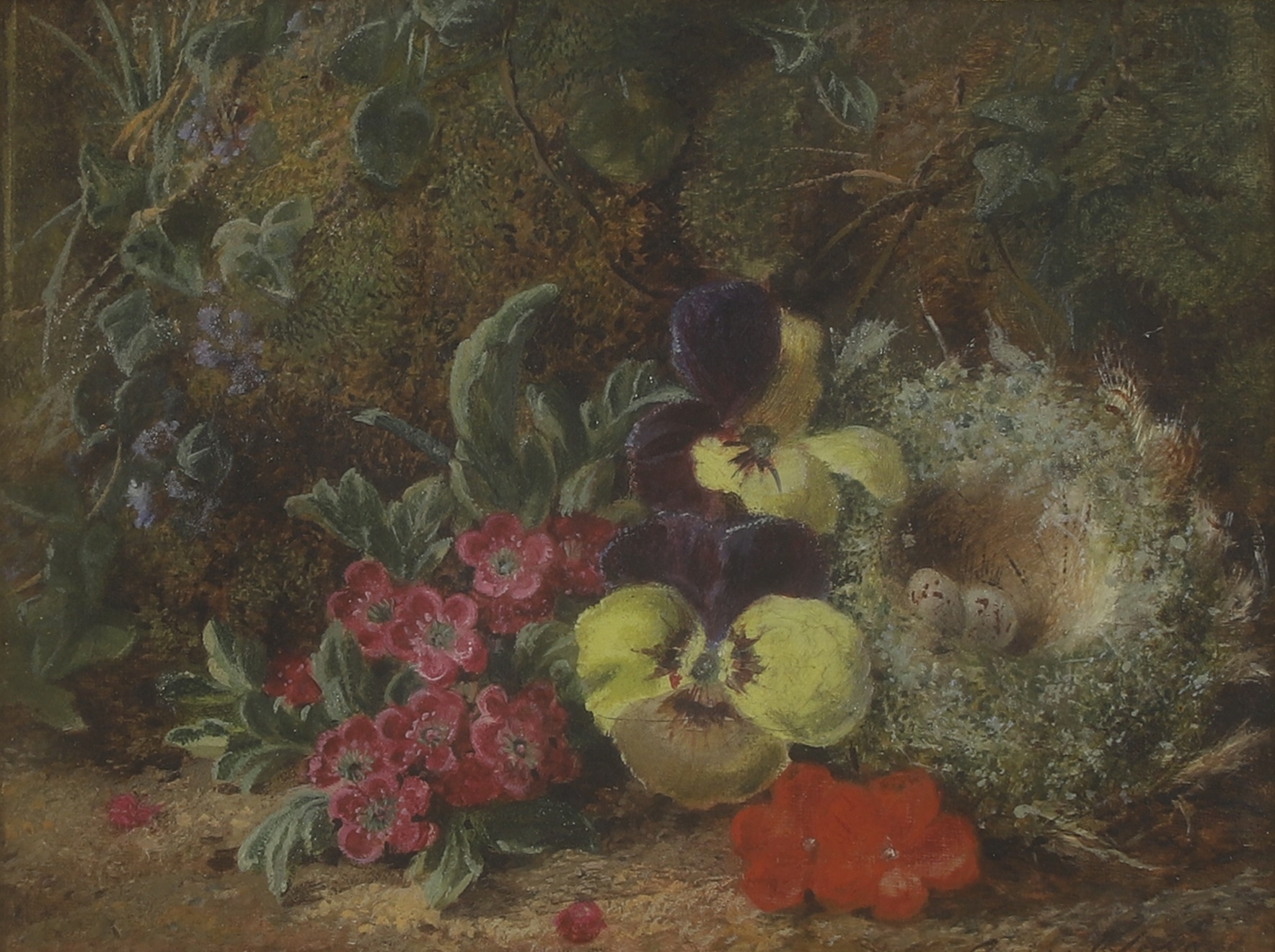 George Clare | A birds nest eggs and pansies on a mossy bank; | MutualArt