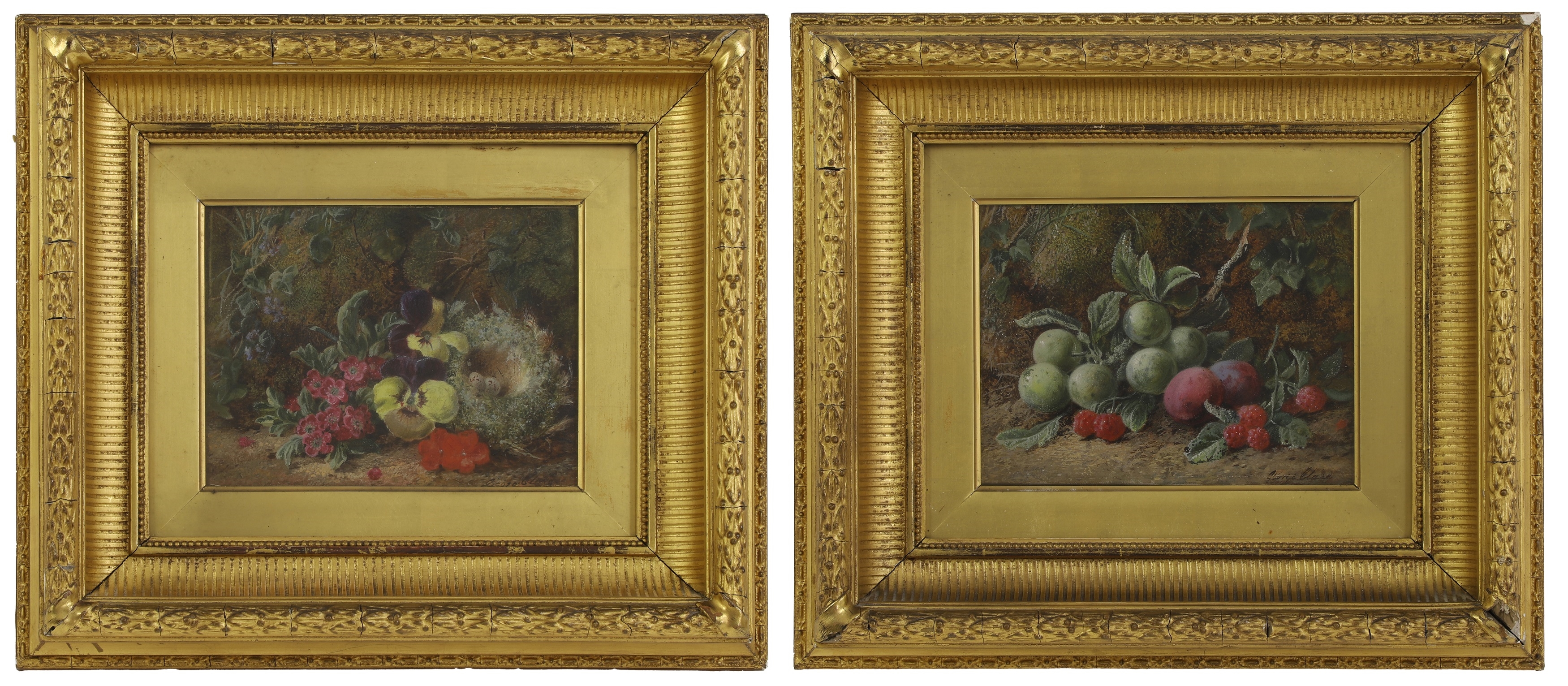 George Clare | A birds nest eggs and pansies on a mossy bank; | MutualArt