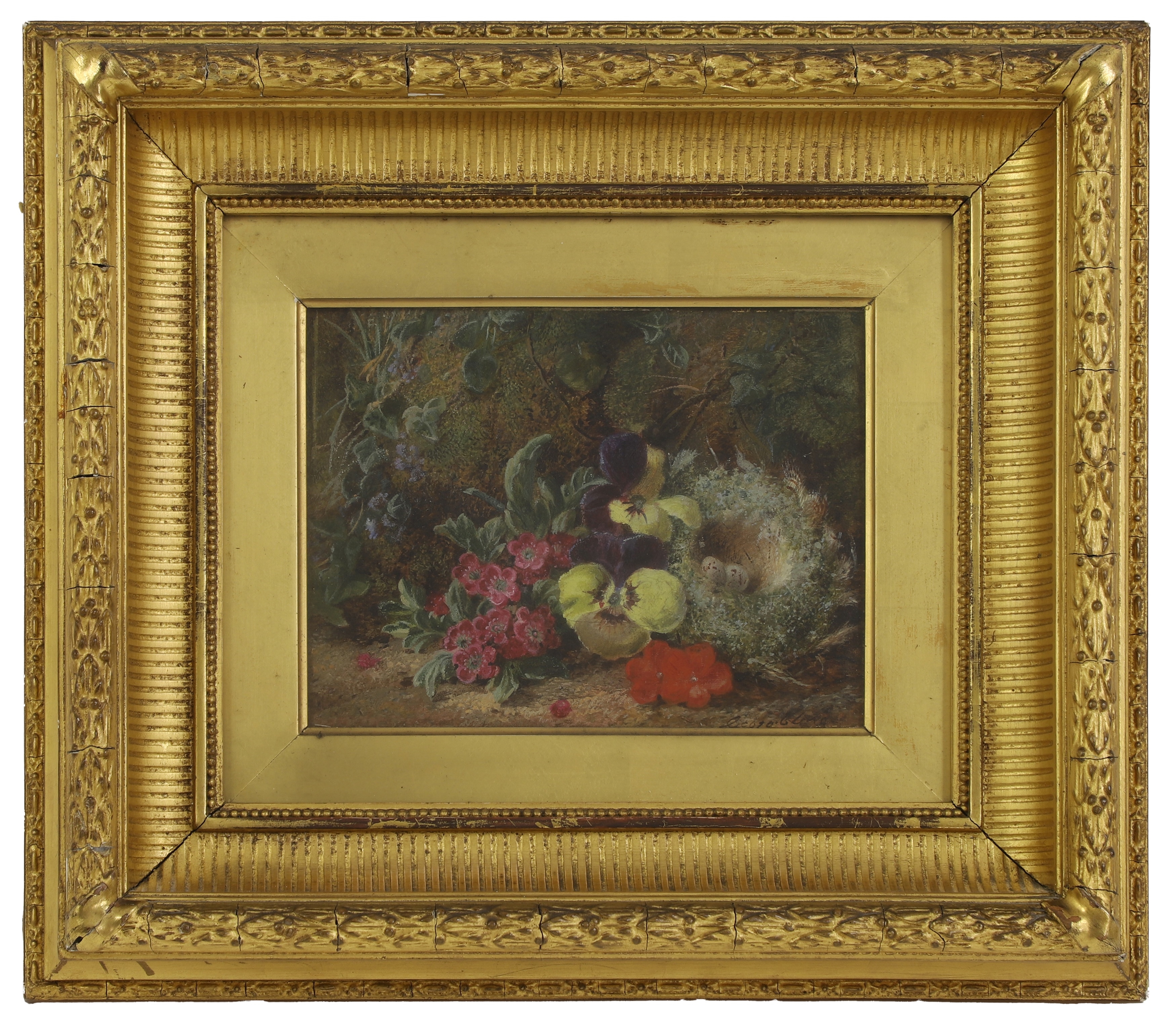George Clare | A birds nest eggs and pansies on a mossy bank; | MutualArt