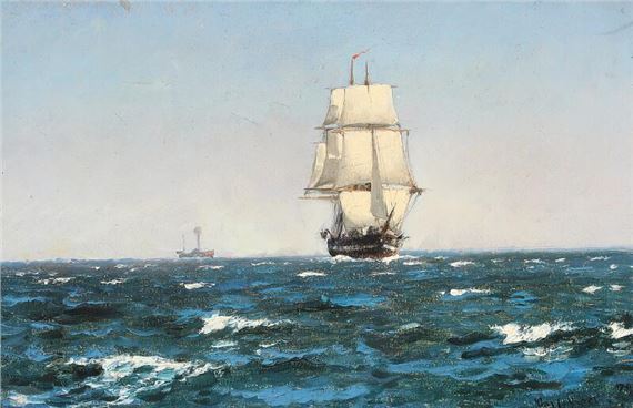 Carl Ludvig Thilson Locher | A ship and a steamer on the sea (1878 ...