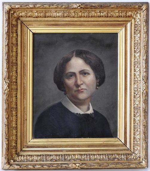 Portrait of a woman with a white collar and black muslin dress by Auguste H. Thomas, dated 1880