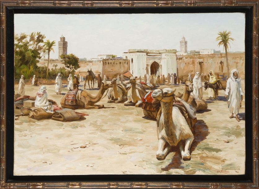 Artwork by Charles Prelat, Charles PRELAT (20th) The caravan stopping... - Lot 19 - Briscadieu, Made of Oil on canvas