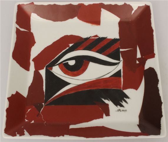 Painted porcelain plate "VIDEMUS -3 by Helga Ingeborga Melnbarde, 2019