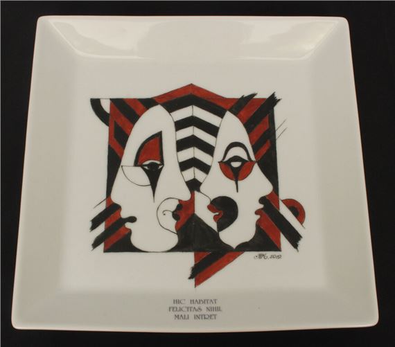 Painted porcelain plate "VIDEMUS -2 by Helga Ingeborga Melnbarde, 2019