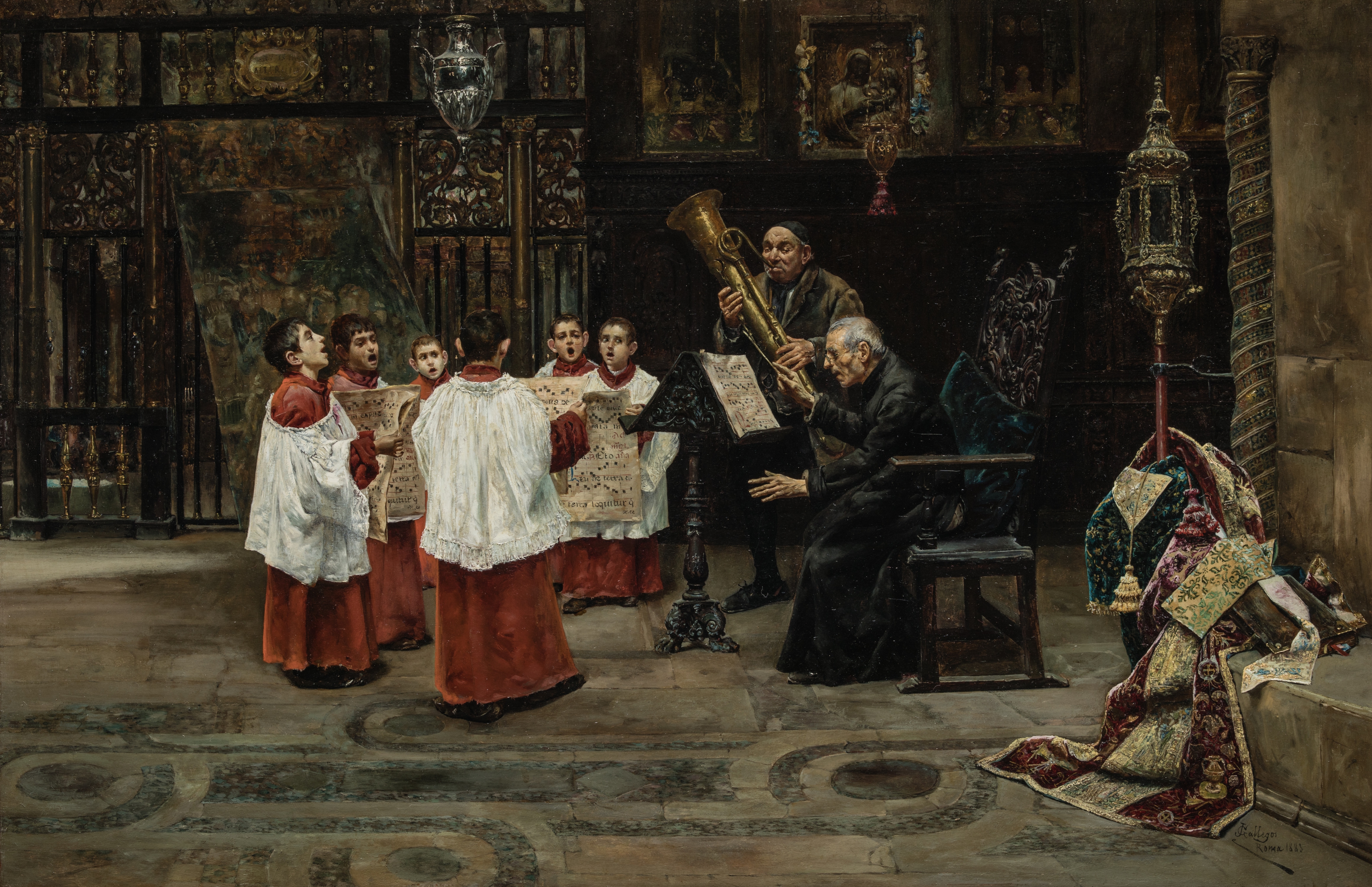 A solemn scene of a choir rehearsing in a dimly lit, ornate interior.