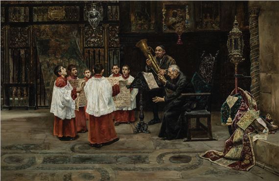 A solemn scene of a choir rehearsing in a dimly lit, ornate interior.