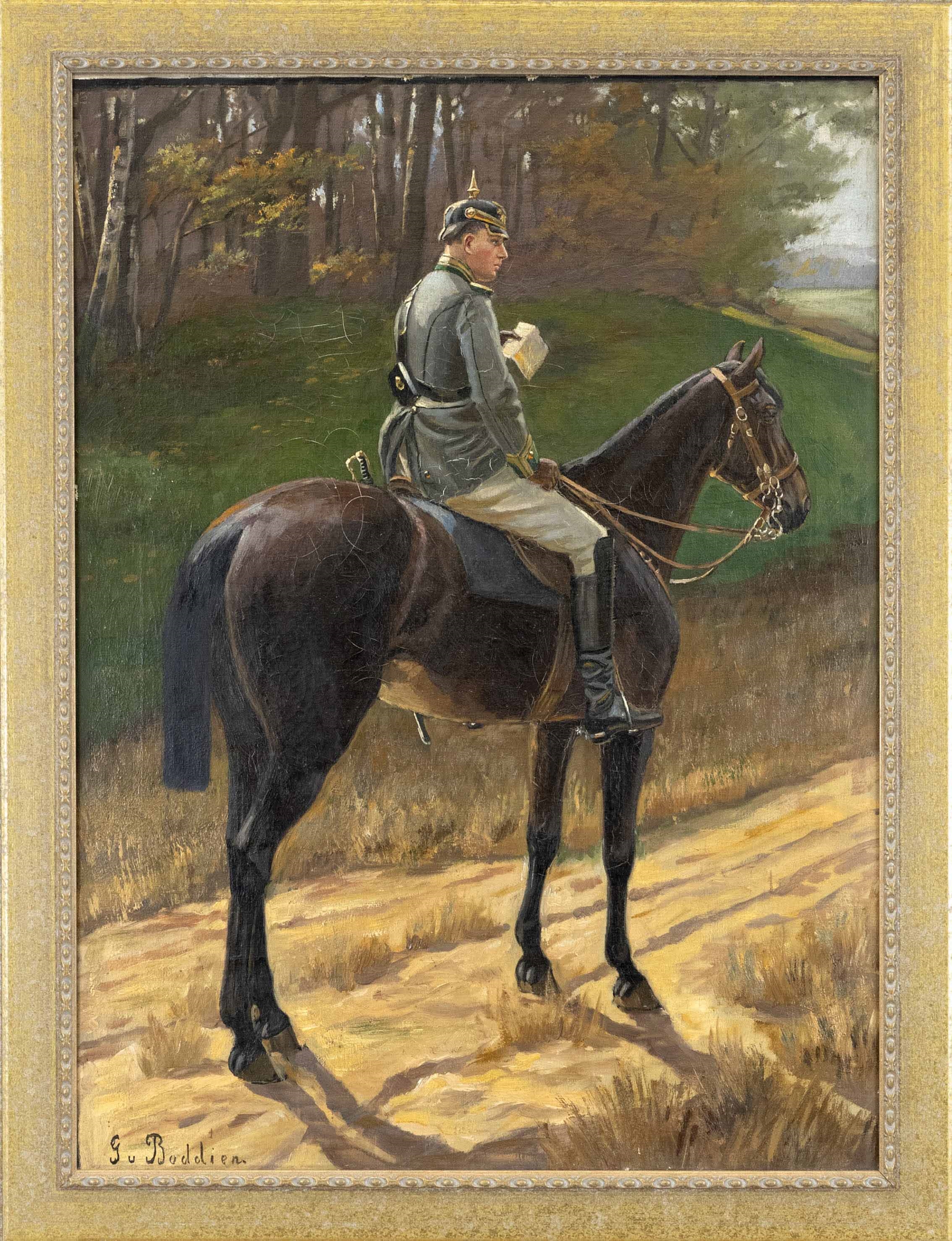 Artwork by Georg von Boddien, berittener Offizier betrachtet nachdenklich eine Meldung, Made of Öl auf Lwd