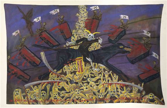 monumentales Antikriegsgemälde “Der Krieg als kollektive Höllenfahrt“ by Blalla W. Hallmann, 1982