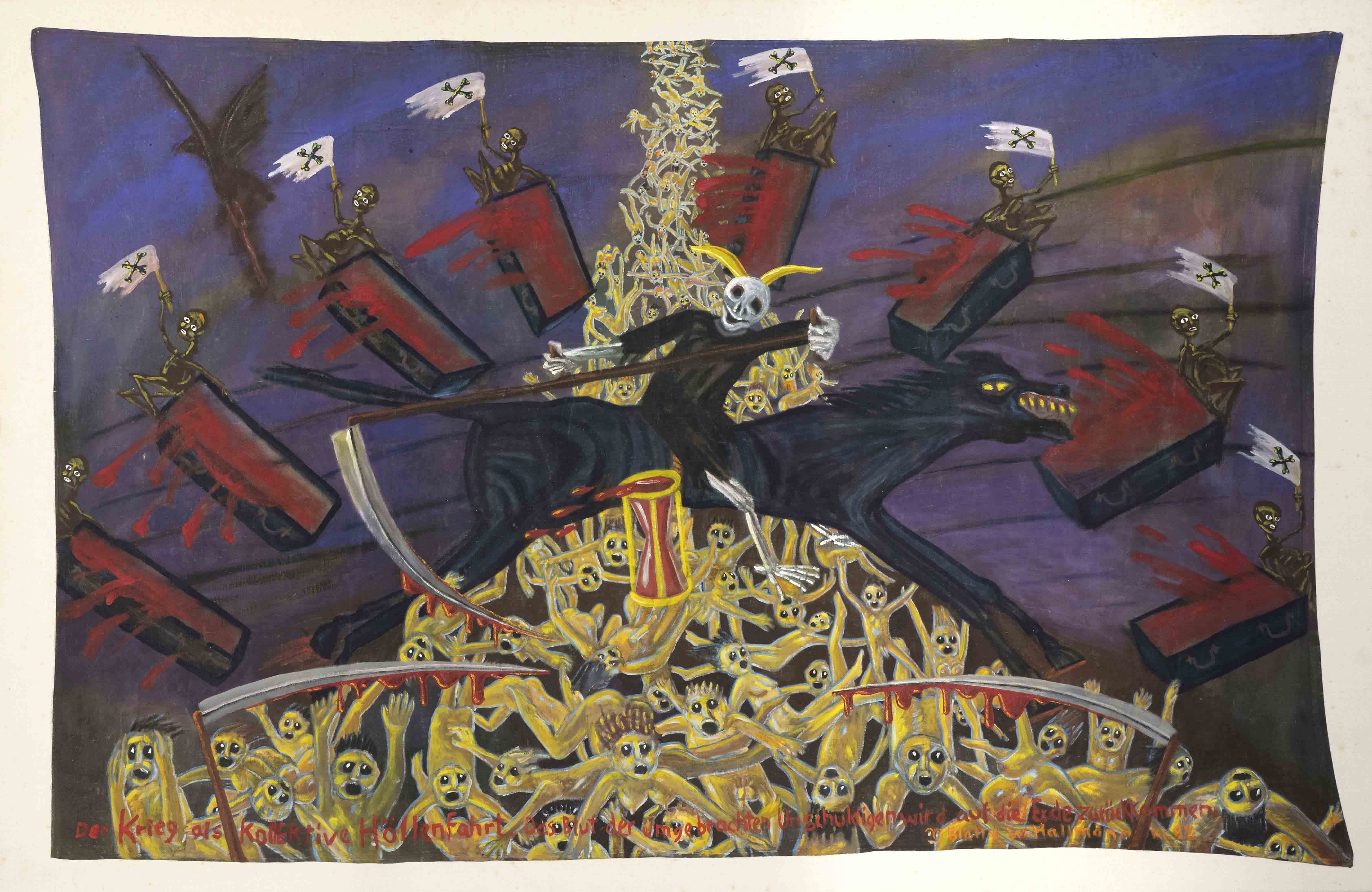 Artwork by Blalla W. Hallmann, monumentales Antikriegsgemälde “Der Krieg als kollektive Höllenfahrt“, Made of Öl auf Lwd