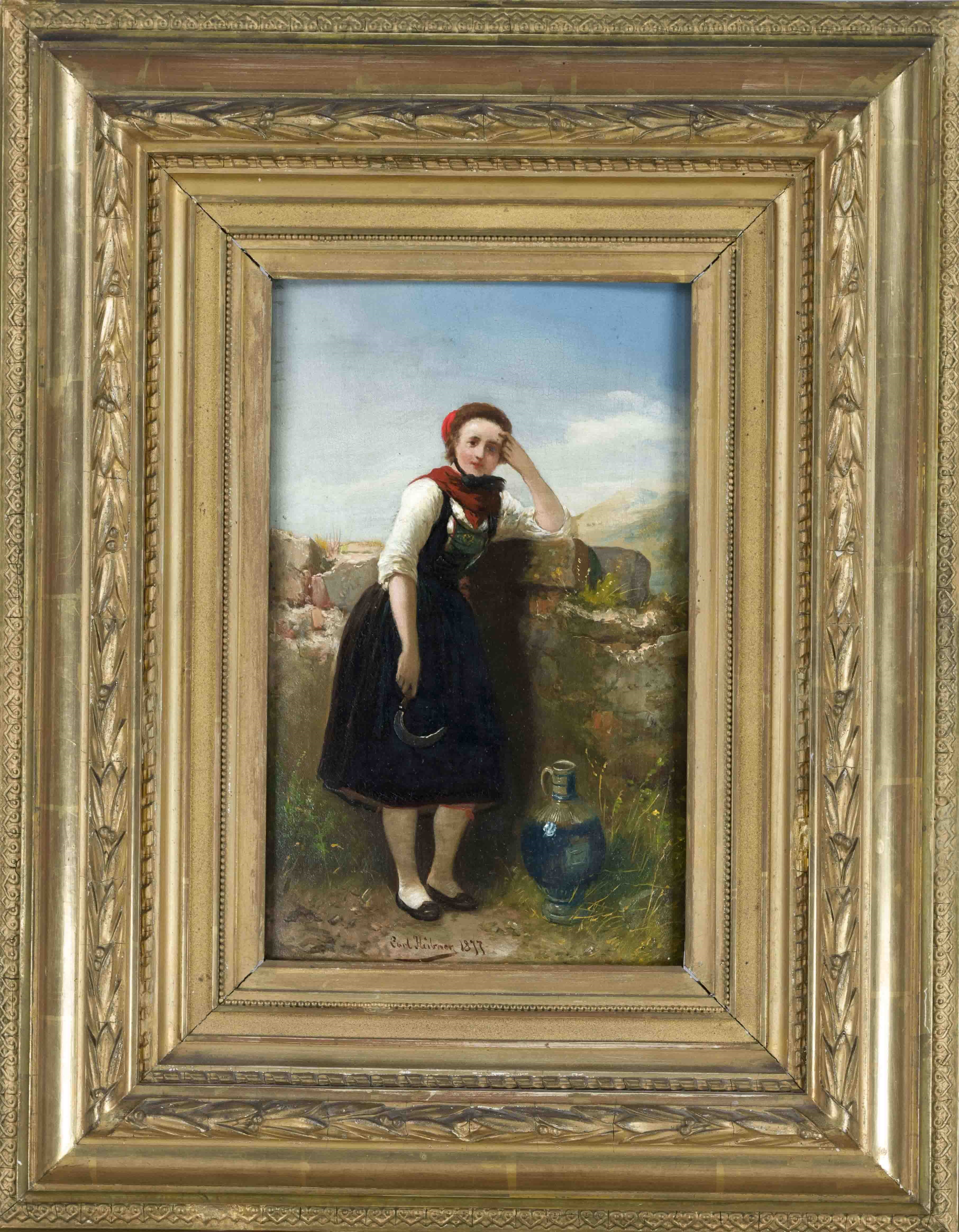 Carl Wilhelm Hübner | Junge Bäuerin mit Sichel bei der Rast mit großem ...