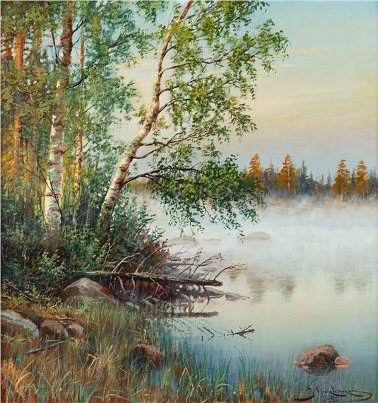 A serene landscape painting of a misty lake at dawn with birch trees and a calm atmosphere.