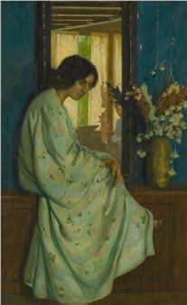 A contemplative figure in a patterned robe sits by a window, gazing downward with a vase of flowers nearby.