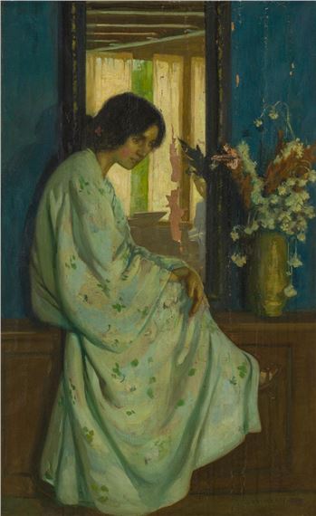 A contemplative figure in a patterned robe sits by a window, gazing downward with a vase of flowers nearby.