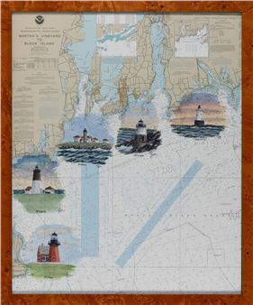 Vignettes of five lighthouses painted on a U.S. Coast Guard/NOAA chart &quot;Martha's Vineyard to Block Island - Daniel Price