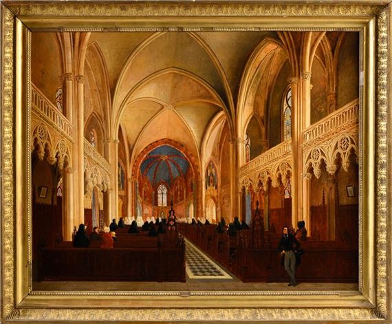 Philippe Ronde | Gothic church interior, with Benedictine nuns (1848 ...