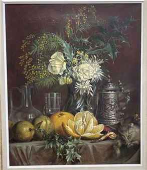 Marius LAVAL Late 19th century French school Still life with pitcher, citrus fruits and bouquet of flowers. Oil on canvas signed and dated January 1891 lower right. Size: 60.5 x 50.5 cm - Marius Laval