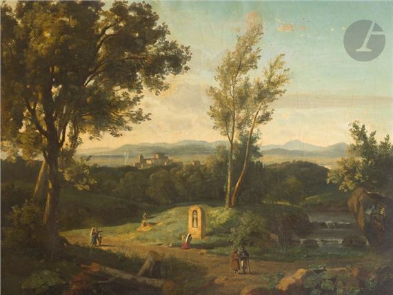Hunter and Woman at Prayer in the Italian Countryside by Garnier, circa 1850
