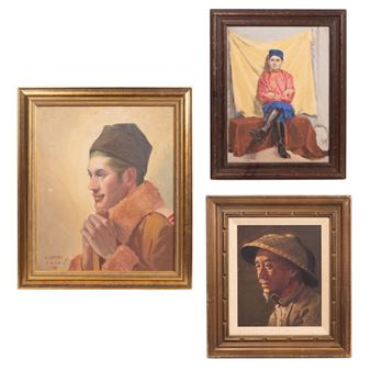 (3) items including a 1929 oil on canvas depicting a man in a military jacket - R. Paranault