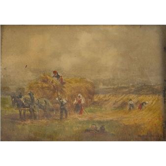(4) total undated items including a signed Rohrhirsch depiction of a farming family loading a hay wagon; together with an oil signed “Russel” lower right depicting a figure working in a field - Karl Rohrhirsch